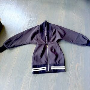 (NEW)Black Zip-Up Bomber Jacket Dress with White Stripe Hem